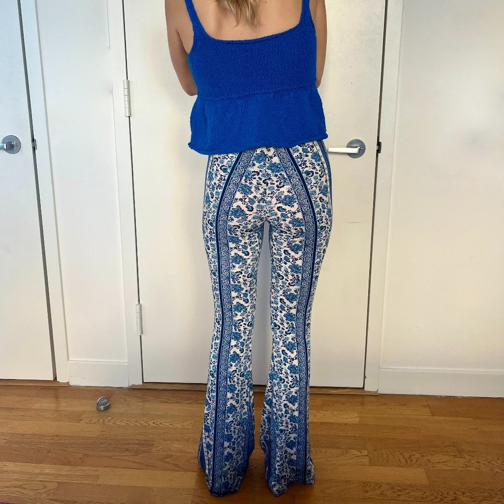 Blue Floral 70s Flared Pants